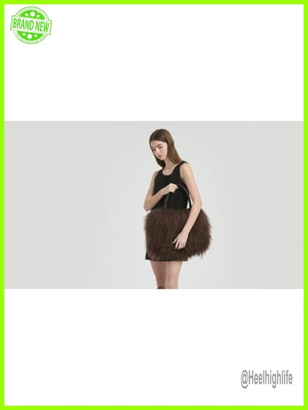 Real Lamb Fur Tote Bag with Genuine Leather Handles and Button Closure